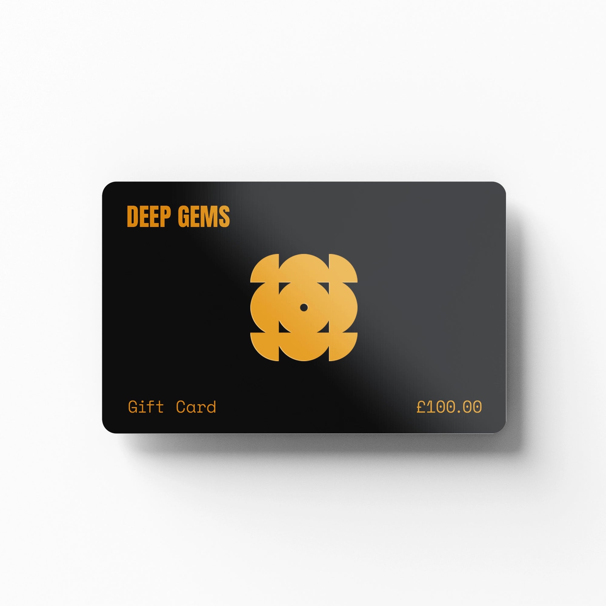 A black gift card with a gold geometric logo and the text 'DEEP GEMS', 'Gift Card', and '£100.00' on a clean white background.