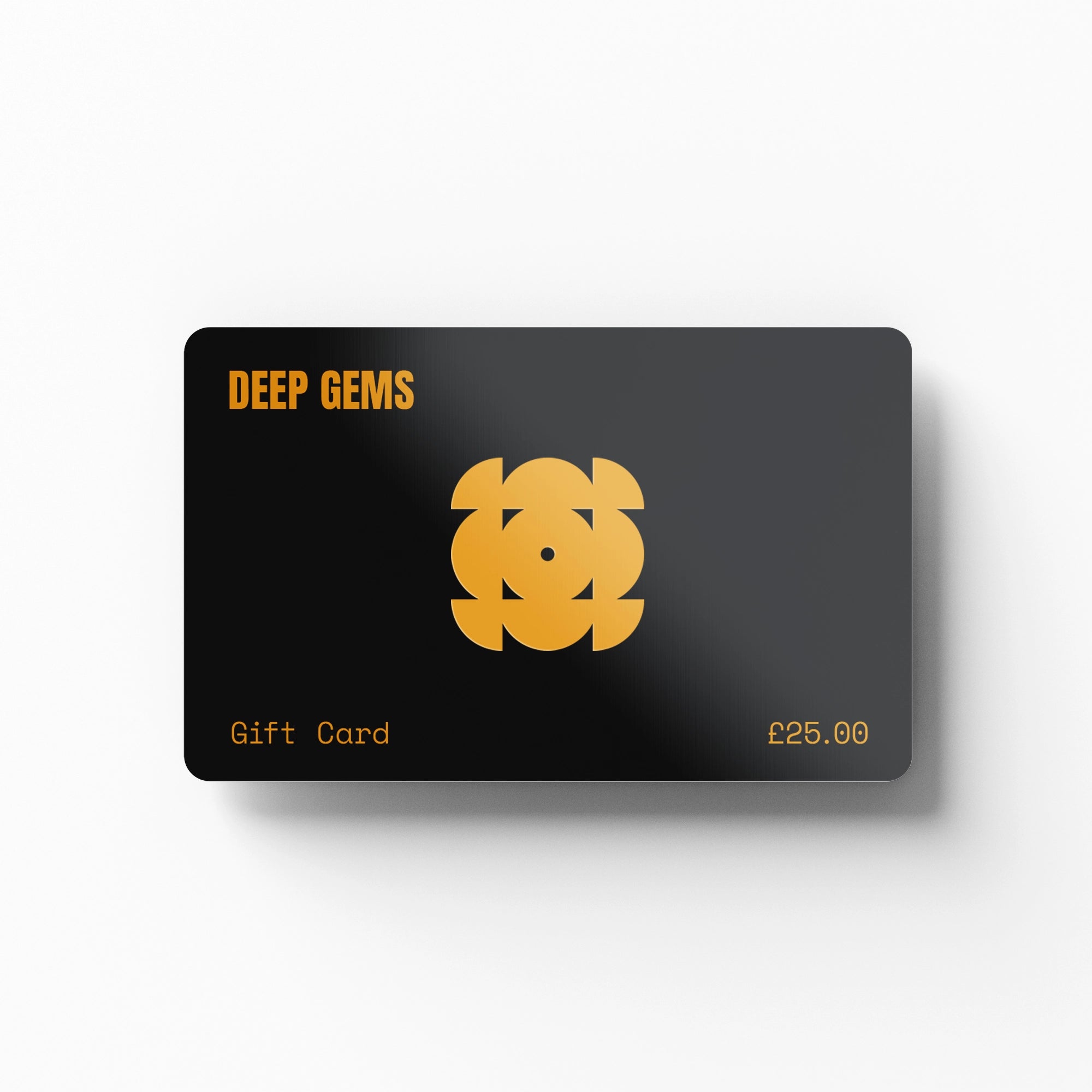 A black gift card with a gold geometric logo and the text 'DEEP GEMS', 'Gift Card', and '£25.00' on a clean white background.